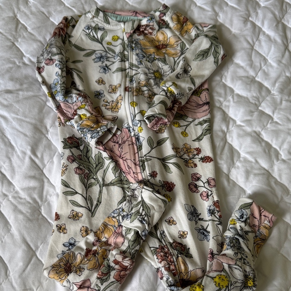 Floral Zip-Front Kids Pajamas - Cream with Pink & Yellow Flowers